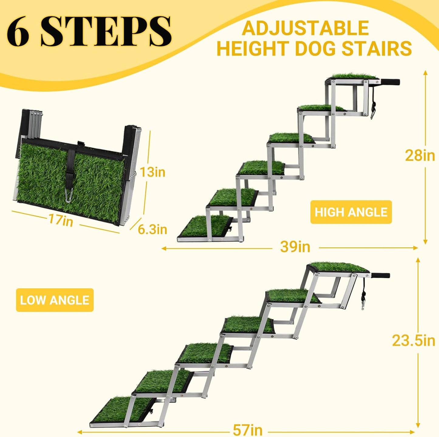 Dog Stairs for Car, Portable Folding Dog Ramps,Dog Steps for Large Dogs with Non-Slip Grass Rug for Cars, SUV, Trucks, Lightweight Pet Ramp Supports Up to 200 lb, 6 Steps