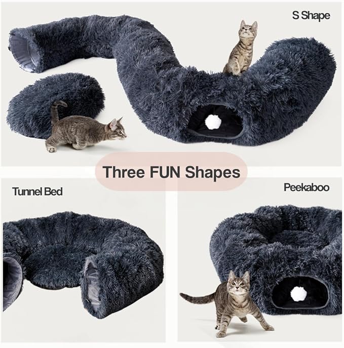 Cat Tunnels for Indoor Cats Large – Fluffy Donut Tunnel Bed with Soft Mat & Plush Toy – Peekaboo Cat Cave Bed for Napping & Play – Dark Gray, The Cat Park