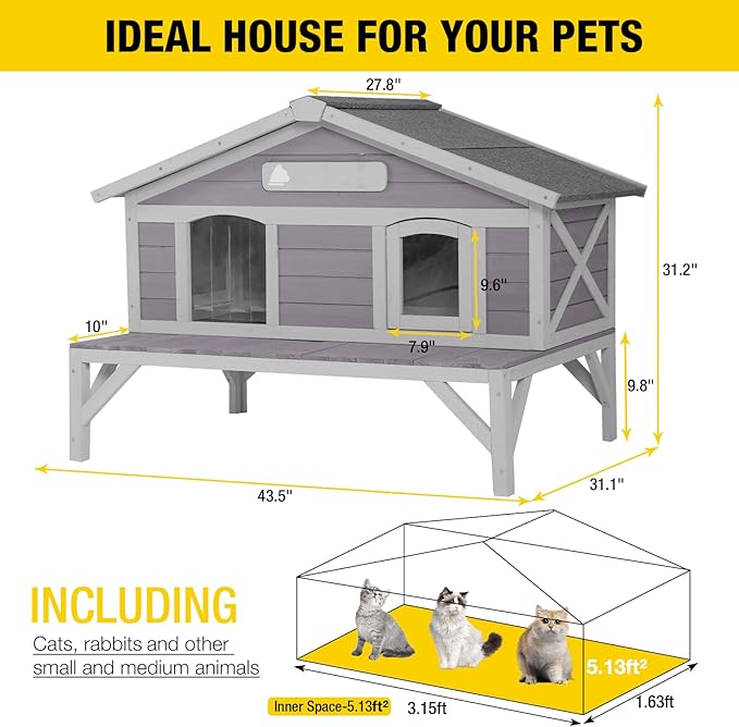 Aivituvin Outdoor Cat House, Large Weatherproof Roof, 100% Wooden, Outside Feral Cat Shelter for Winter