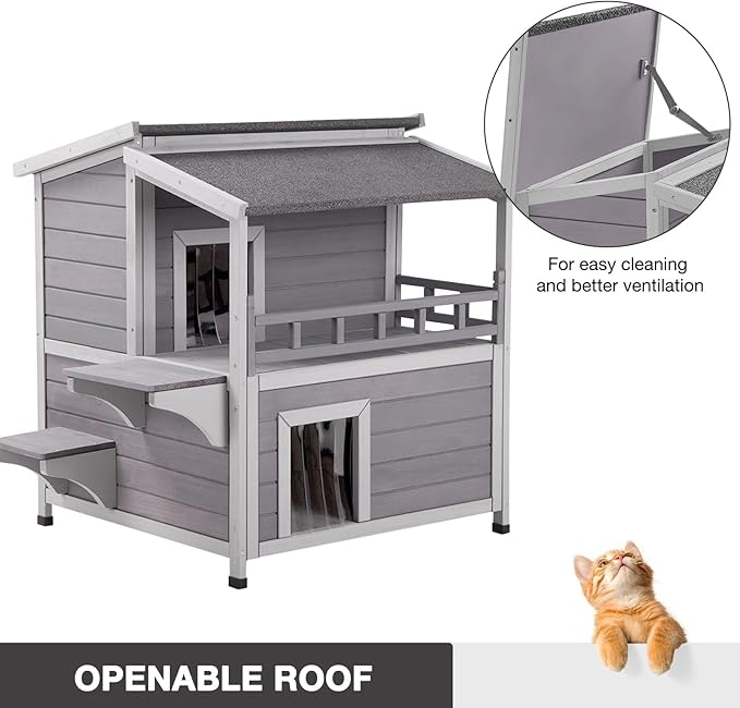 Outdoor Cat House with Large Balcony, Two-Story Cat Shelter with Waterproof Roof and Stairs, Wooden Feral Cat Home with Escape Door