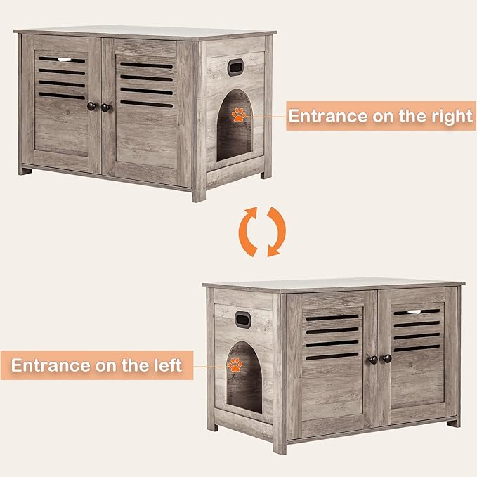 DINZI LVJ Litter Box Enclosure, Cat Litter House with Louvered Doors, Entrance Can Be on Left or Right Side, 31.5" Long Hidden Washroom for Most of Litter Box, Cat Furniture Cabinet, Greige