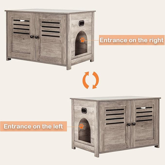 DINZI LVJ Litter Box Enclosure, Cat Litter House with Louvered Doors, Entrance Can Be on Left or Right Side, 31.5" Long Hidden Washroom for Most of Litter Box, Cat Furniture Cabinet, Greige