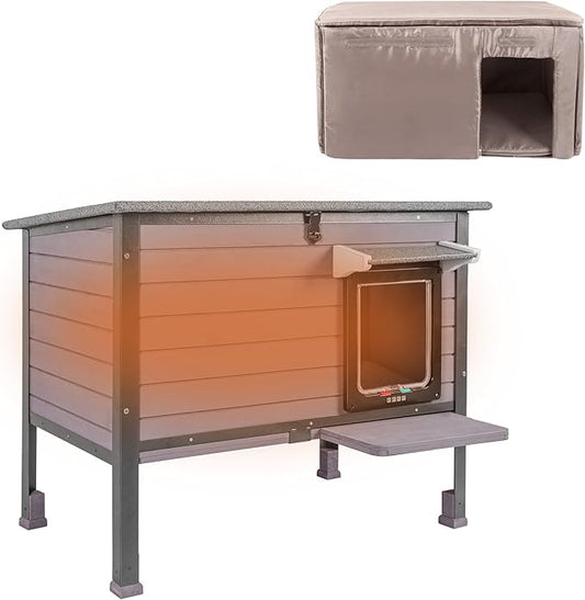 Insulated cat House Outdoor Weatherproof for Winter, Feral Cat Shelter with Insulated Liner, All Round Metal Frame Wooden Condos, Indoor and Outdoor Use for Cat, Rabbit and Small Animal