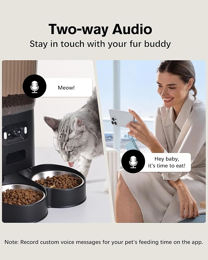 Automatic Cat Feeder, Camera Auto 2 Cats Dispenser 5L Microchip WiFi 2.4G&5G Timed Dual Pet Smart APP Dry Food Self Feeding Container Station(Black, 2 Bowls)