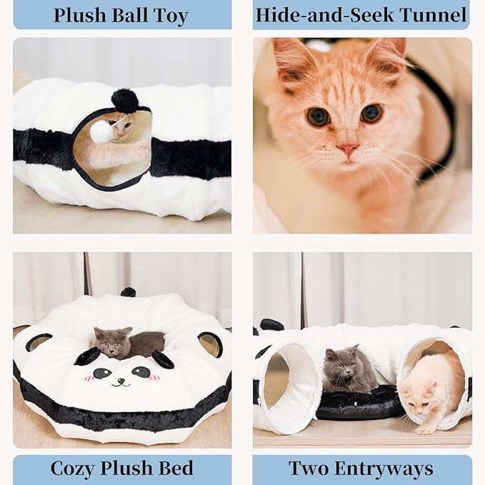 Cat Tunnel Bed for Indoor Cats - Cute Cat Donut with Washable Circle Cushion, Round Pet Play Tunnel Toy,Peekaboo for Kitten, Puppy, Rabbit, Ferret(Panda)