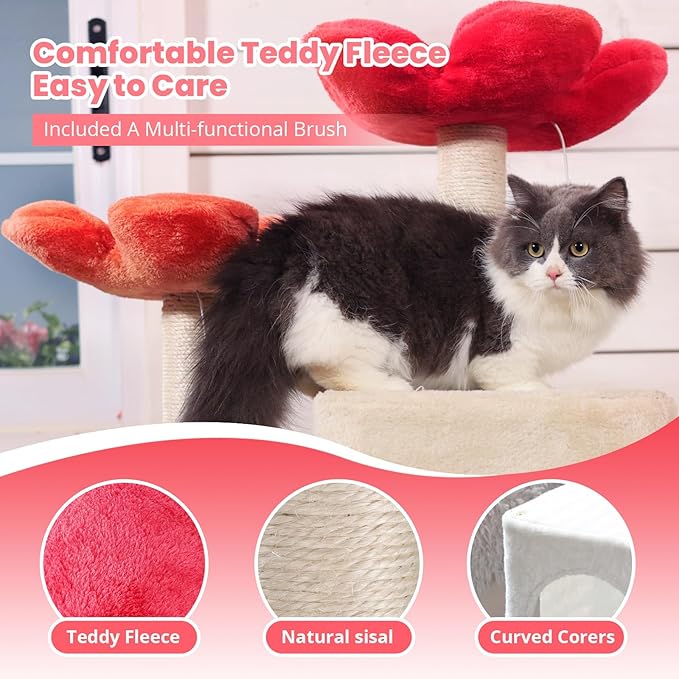 HYABi 48-inch Modern Cat Tree with Hanging Basket & Flower Design, Multi-Level Cat Tower with Plush Perches, Sisal Scratching Posts & Toy Balls, Stylish Indoor Playhouse for Cats & Kittens