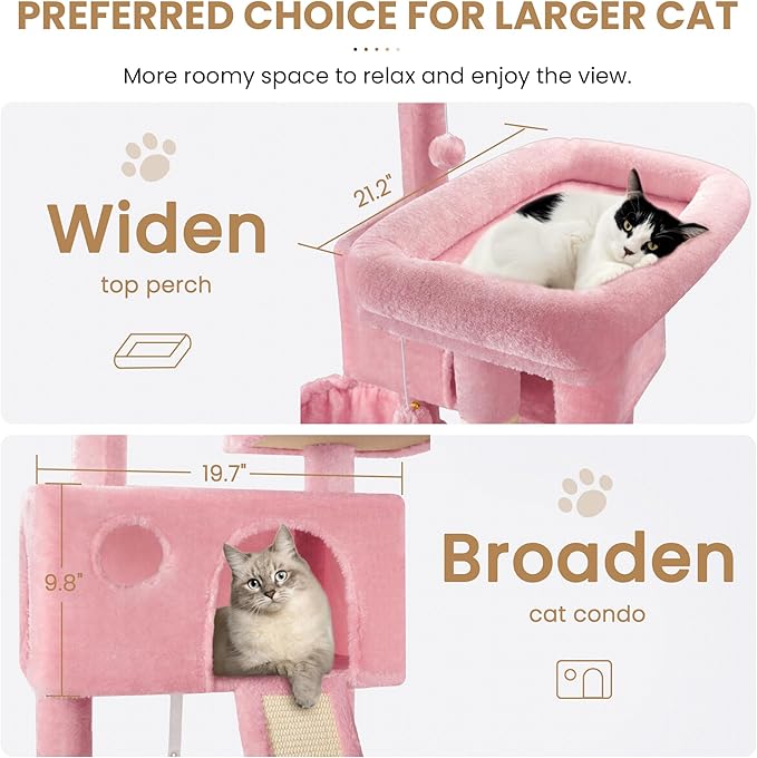 SHA CERLIN 65in Larger Cat Tree Tower Condo for Indoor Kitties/Multi-Level Furniture Activity Center with Wide Base/Cozy Plush Cat Perches/Baskets/Sisal Scratching Posts and Hammock/Pink