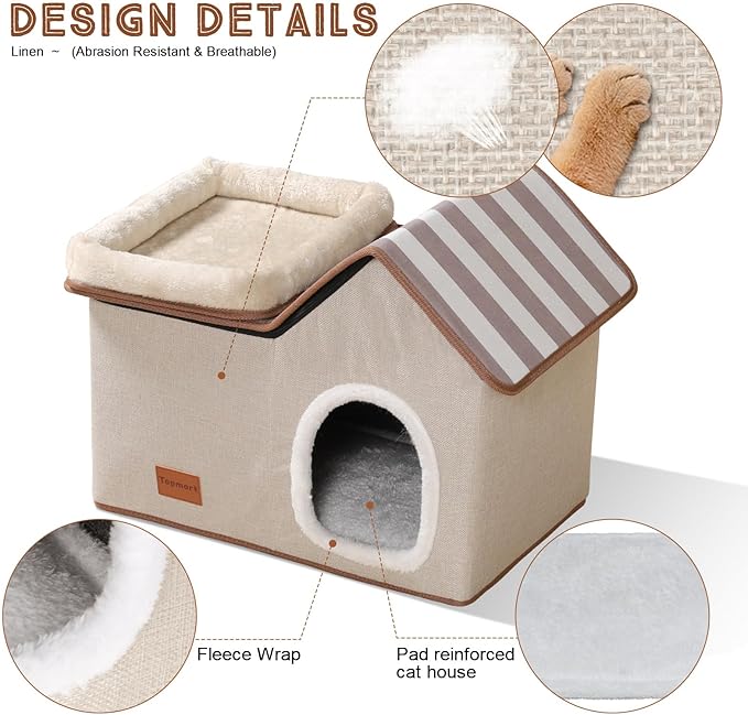 Topmart Cat House with Cat Bed, Large Indoor Condo, 2-in-1 Pet Bed for Kitten and Small Cat, Beige, Grey