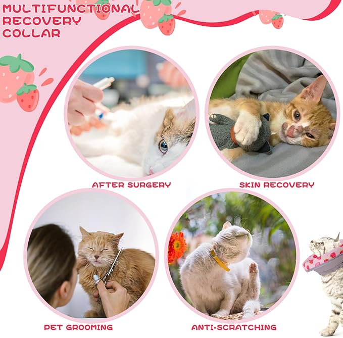 EXPAWLORER Cat Recovery Cone Collar- Soft Adjustable Pet Collar for After Surgery, Waterproof Elizabethan Protective Collar, Stop Licking Donut for Small Medium Kittens (Strawberries M (8.5-12 in))