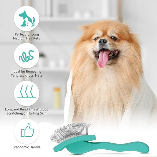 Slicker Brush for Dogs, Long Pin Dog Grooming Brush for Goldendoodles, Poodles, Doodles & More, Includes Bonus Pet Comb, Perfect for De-Shedding, Dematting & Reducing Tangles. Large, Green