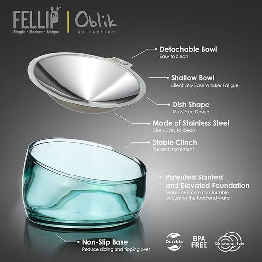 Felli Oblik Elevated Cat Food Bowls 304 Stainless Steel Removable Flat Dish for Whisker Fatigue & Dishwasher Easy Clean, Raised 15° Tilted Stand Non Slip, Wide Metal Plate Anti Vomit (0.5Cup, Classic)