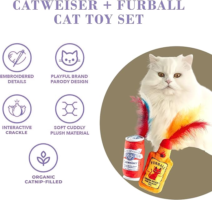Catweiser + Furball Catnip Toys, Soft Plush Cat Toys Catnip Filled with Interactive Crackle Sound & Feathers, Safe & Durable Toy for Cats & Kitten, 2 Pcs