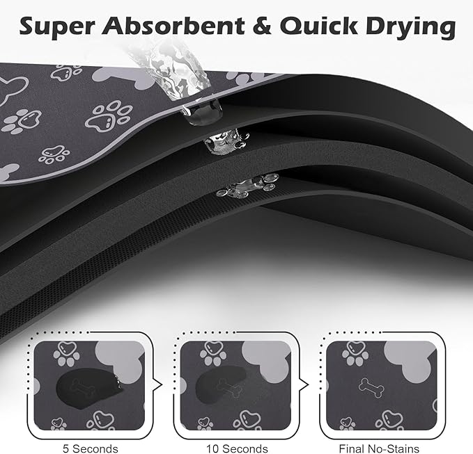 Dog Cat Food Mat,Rapid Absorbent Pet Feeding Mat, Bone Shaped Dog Placemat Water Bowl Mat with Rubber Backing,No Stains Dog Cat Food Mats Indoor, Pet Accessories Supplies 16"×24" Dark Grey