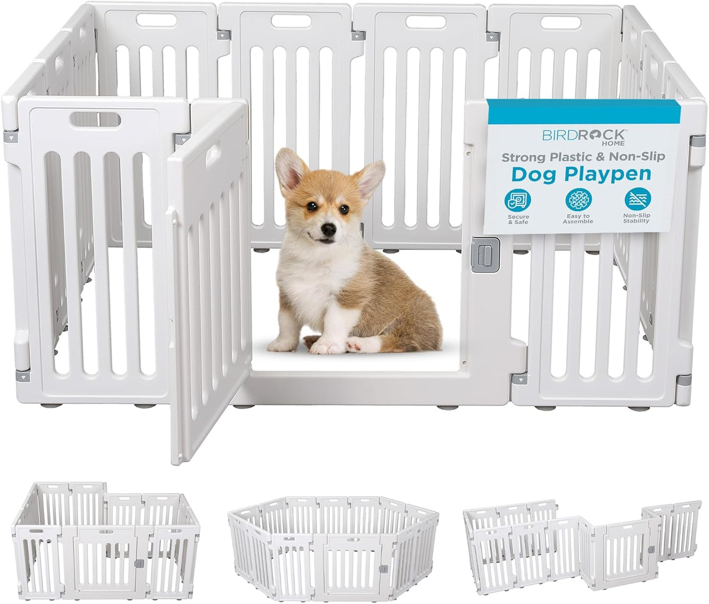 BIRDROCK HOME Pet Playpen with Door | 12 Panel | Strong Plastic | Puppy Safety Fence Pen Playpen | Non-Slip and Secure Dog Gate | White