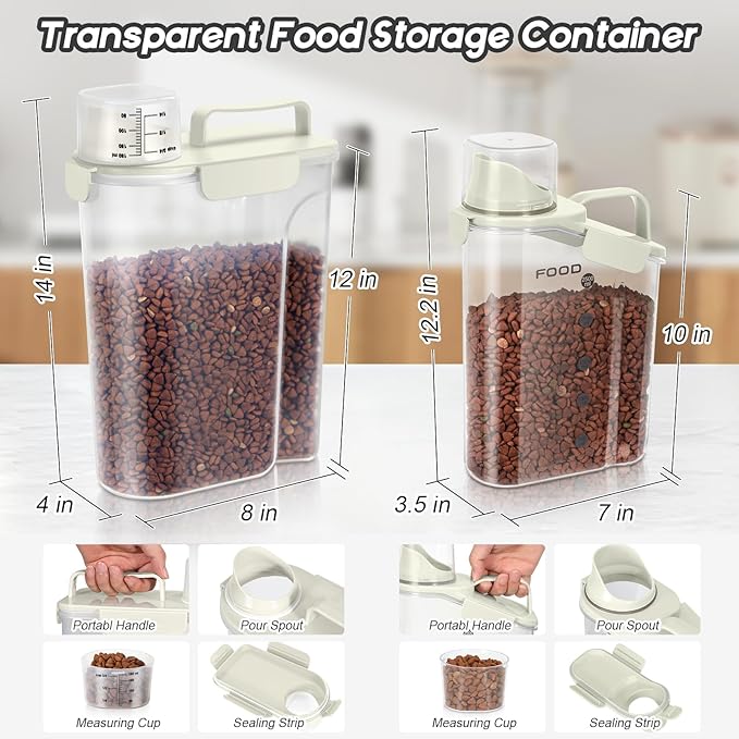 Dog Food Storage Container, Upgraded Large Nozzle BPA-free, 8-12 LBS Plastic Pet Food Storage Containers, With 4 Sealed Clasps, 1 Measuring Cup and Handle (2, Beige (3L+5L), (3L+5L))