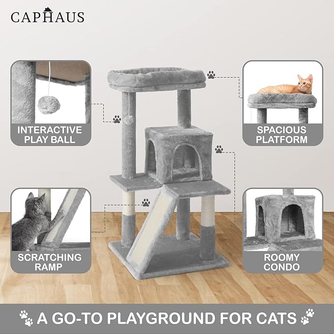 CAPHAUS Cats Kittens Tower with Large Modern Widened Perch, Cute 37-Inch Indoor Multi-Level Cat Activity Tree Scratching Posts, Small Ramp, 2-Door Cave Condo for Cats, Light Grey