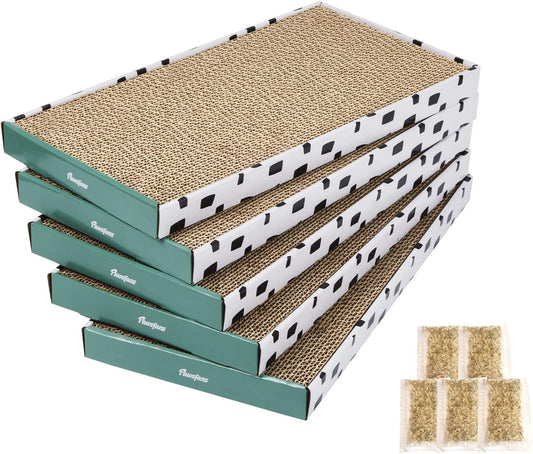 PAWSFANS Cat Scratcher Cardboard Scratch Pad with Box Durable Corrugate Scratching Board Kitty Sofa Lounge Bed Reversible Catnip Included for Indoor Cats,Large (Box, 5pcs)