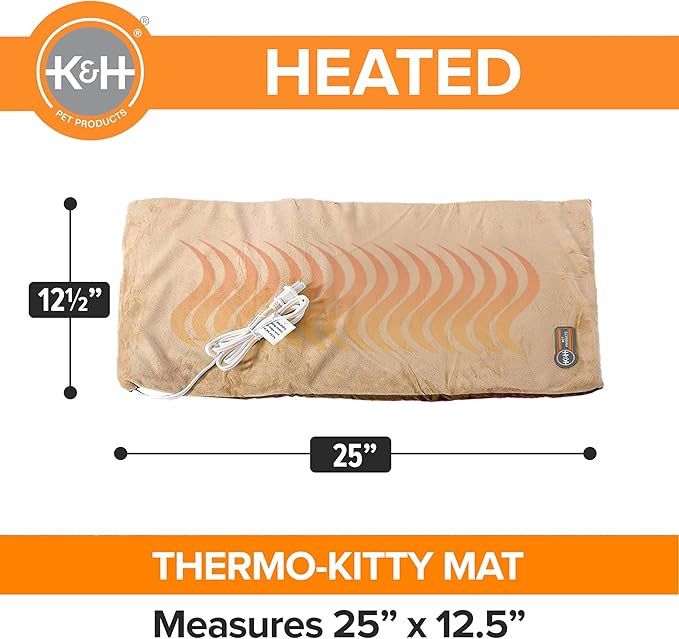 K&H Pet Products Heated Cat Bed Pad for Indoor Cats, Thermo-Kitty Mat Calming Warm Pet Heating Pad for Inside Pets, Machine Washable, Waterproof Heater, Safety Listed - 12.5 X 25in Mocha/Tan