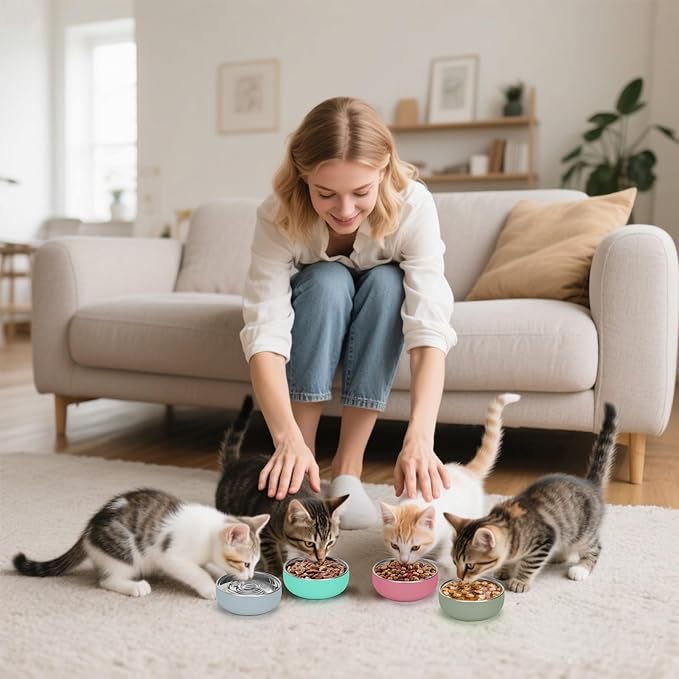 Kitten Bowls 4 Pcs, Stainless Steel Cats Bowls with Rubber Bottom, 5 “ Wide and Shallow Cat Food Dishes Whisker Friendly, Heavy Duty & Anti-Slip Small Pet Bowls for Indoor Cats
