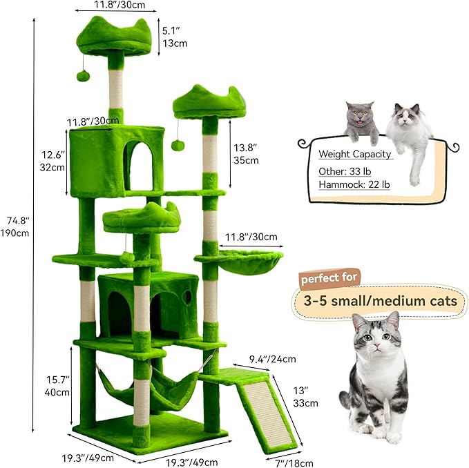 YITAHOME Tall Cat Tree for Indoor Cats, 75 inch Multi-Level Cat Tower with Cat Condos, Top Perches, Sisal Ramp Scratching Posts, Cozy Basket, Hammocks, Large Cat Pet Activity Structure,Green