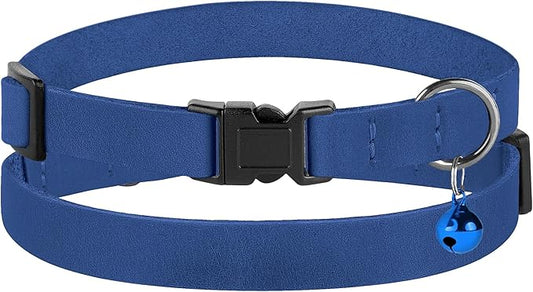 Breakaway Cat Collar Leather with Removable Bell - 13 Colors Available - Soft Adjustable Girl Boy Safety Lightweight Pet Kitten Collars Pink Brown Blue Green Red Orange Black (Blue)