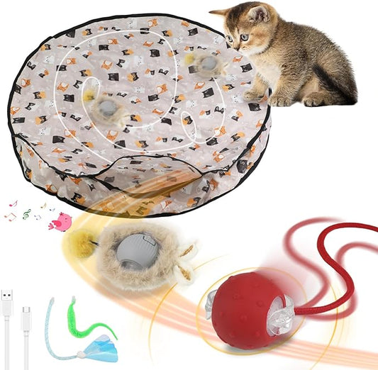 Interactive Cat Toys for Indoor Automatic Cat Balls Hide and Seek in Pouch, with 2 Balls 3 Tails Play Mat, 5 Ways Playing Enrichment Toys