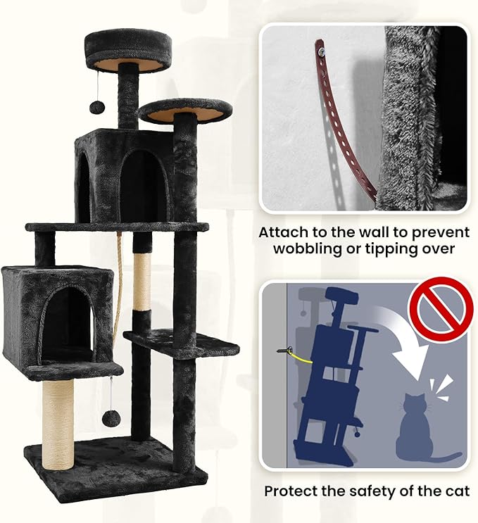 58.5inch Large Cat Tree Tower Condo for Indoor Cats, Soft Plush Multi-Level Climbing Tree Cat House, Scratching Post, More Entrance/Exit, Sisal Rope, Black