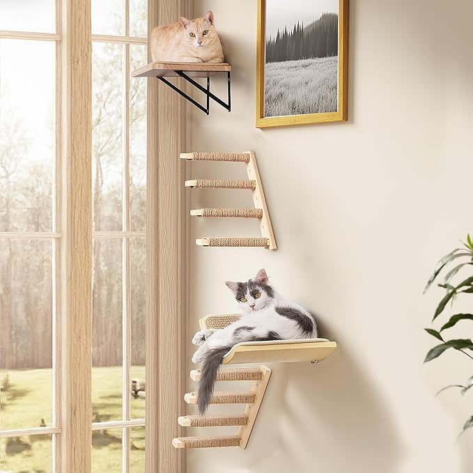 Wall Mounted Cat Shelves Set for Large Cats, 4 Piece Wood Cats Wall Furniture with Sisal-Padded Bed, Flat Perch and 2 Climbing 4-Steps Stairs