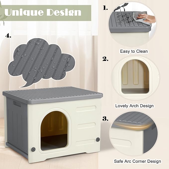 Hicaptain Cute Durable Cat Houses for Indoor Cats Plastic Feral Outdoor Cat House Puppy Shelter for Small Medium Pets-Grey