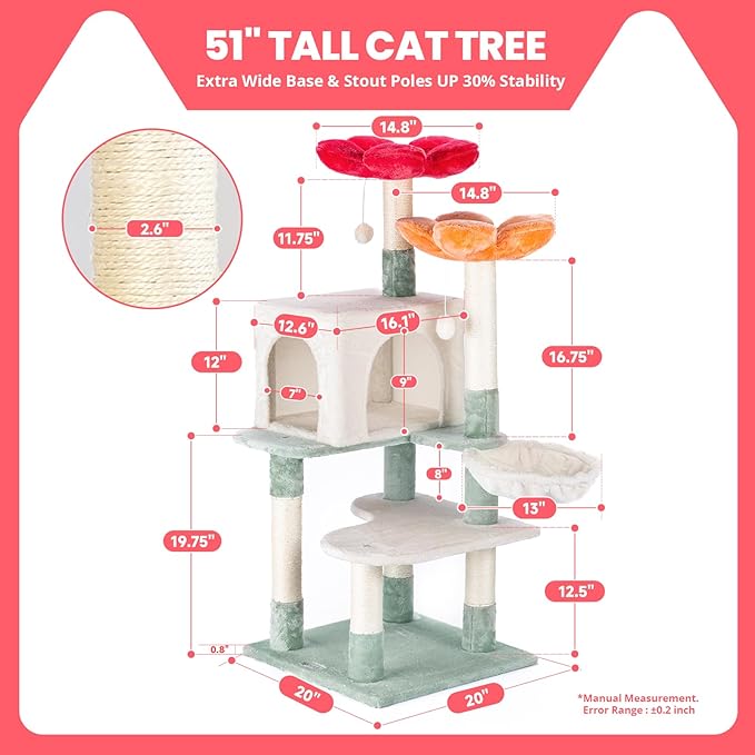 HYABi 48-inch Modern Cat Tree with Hanging Basket & Flower Design, Multi-Level Cat Tower with Plush Perches, Sisal Scratching Posts & Toy Balls, Stylish Indoor Playhouse for Cats & Kittens