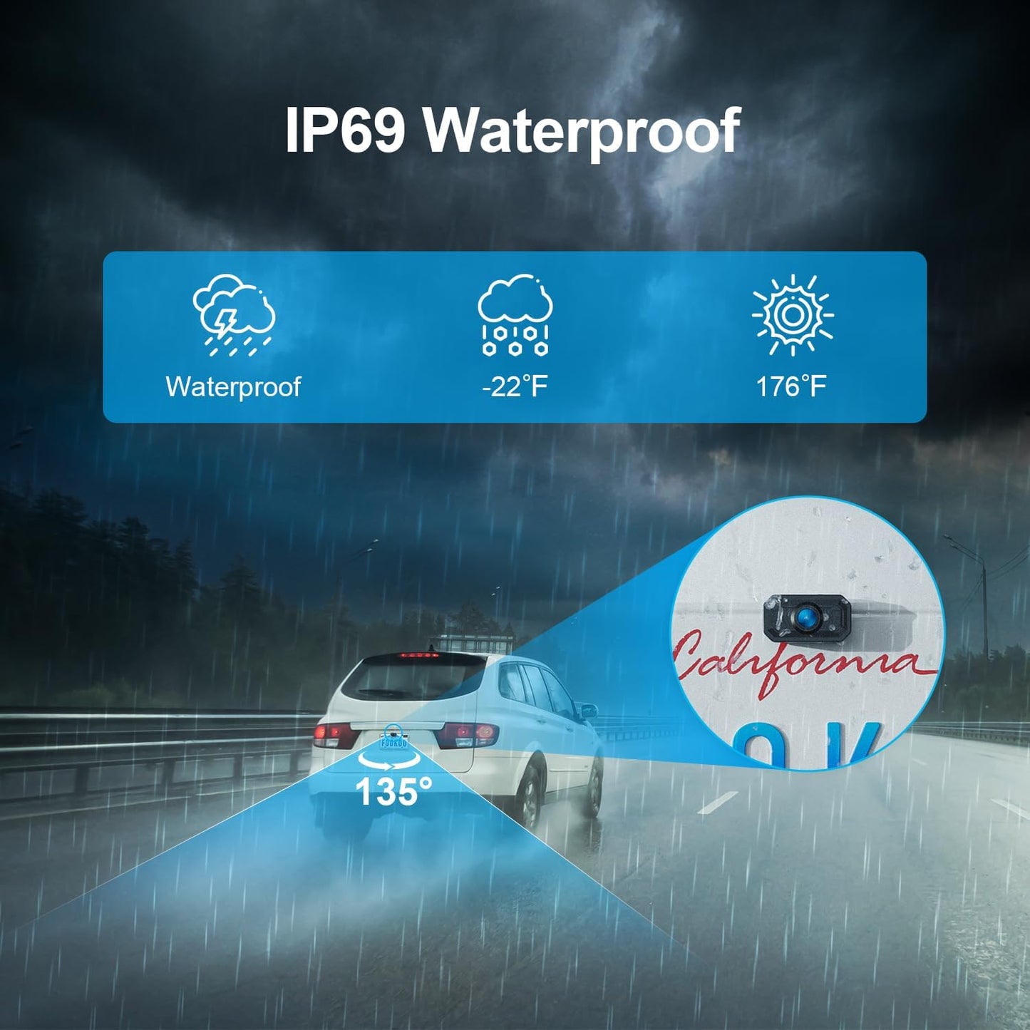 Fookoo HD 1080P 5-inch Wireless Backup Camera, 5" Split Screen Monitor Rear View Licence Plate Camera, DIY Guide Lines Wide Angle IP69 Waterproof Easy to Install for Car Pickup Van SUV - DW5CT