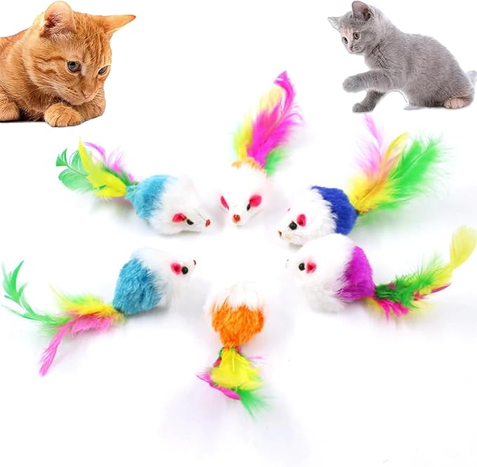 Cat Toys, 6 Pack Furry Rattle Mouse Toy Interactive Cat Toy with Feather Tail, 6 Assorted Faux Fur Kitten Toy 5.5” Realistic Size Mini Mice Cat Toy for Bored Indoor Adult Cat