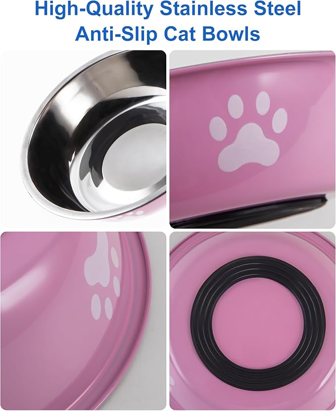 6 PCS Stainless Steel Cat Bowls, Non-Slip Stainless Cats Food Bowl Metal Cat Dishes Whisker Fatigue Kitten Plates Shallow Wide Kitten Bowls, 5.5” Whisker Friendly Food Dish