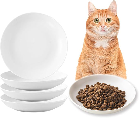 Ceramic Cat Food Bowl Set - 4 Pack Healthy Wide Shallow Cat Dishes Cat Plates for Food and Water, Anti Whisker Fatigue Cat Feeding Bowls for Pet Puppy Kittens, Dishwasher Microwave Safe, 5.8 In, White