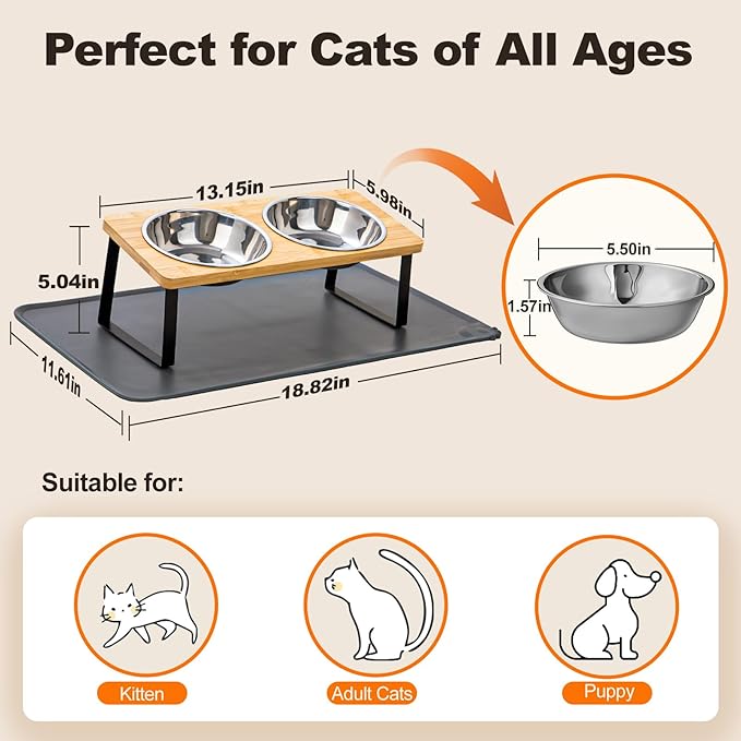 Elevated Cat Food Bowls with Mat Whisker Friendly, 15°Tilted Raised Cat Water Dishes Set for Anti Vomit, Pet Holder Stand Feeding Station for Indoor Kitten and Puppy Dog