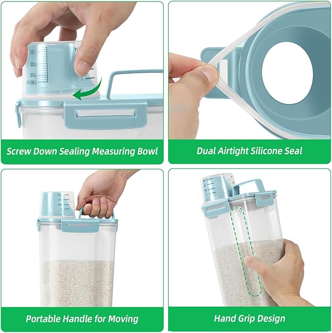 TBMax Rice Container Cereal Storage Container 2 Pack 5 Lbs, Plastic Kitchen Pantry Food Storage Container with Cup, Small Pet Dog Cat Food Dispenser -Blue