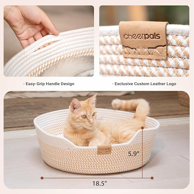 Cat Bed Basket with Cushion, Cute Pet Bed for Indoor Cats Couch, Kitten Bed for Medium and Large Cat, All Season Universal (White)