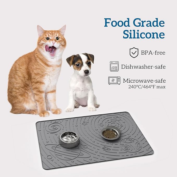OHMO Dog Food Mat, Silicone Waterproof Cat Food Mat, Non-Skid Spill Proof Pet Feeding Mat for Food and Water, Easy to Clean Dog Placemat(Grey, 18.9" x 11.8")