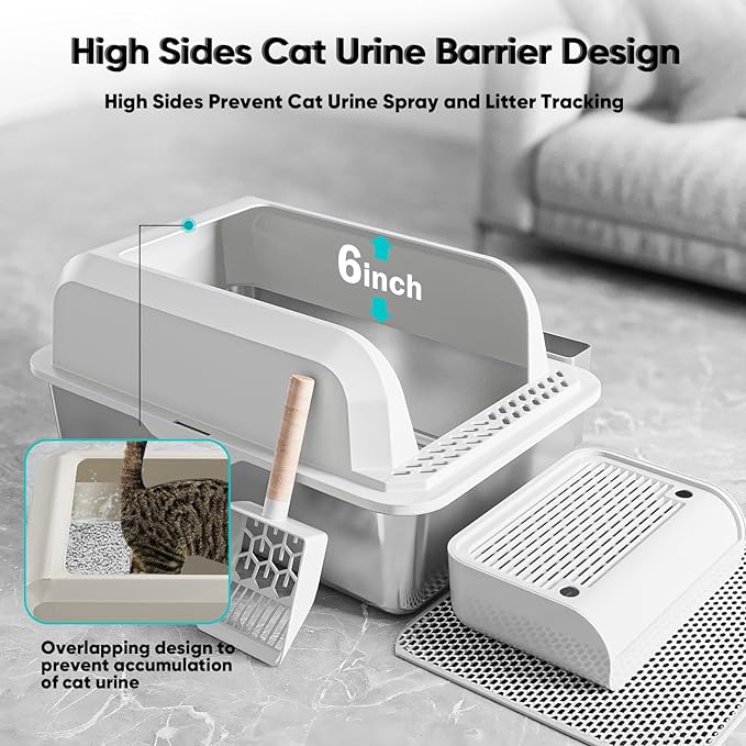 Stainless Steel Cat Litter Box with Lid, XL Large Litter Box for Big Cats, Enclosed Kitty Litter Pan with High Sides, Anti-Leakage&Non-Stick, Easy to Clean, Included Scoop, Aisle and Mat White