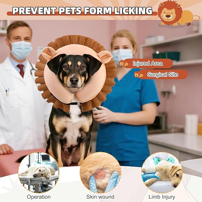 KOOLTAIL Inflatable Dog Cone Collar, Soft Dog Cone Alternative for Large Medium Small Dogs After Surgery, Adjustable Donut Neck Cone for Dogs Cats, Recovery E Collar with Enhanced Anti-Licking,Lion L