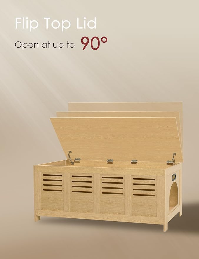 DINZI LVJ Litter Box Enclosure Furniture for 2 Cats, Flip Top Opening Hidden Litter Box with Double Rooms, Dual Pet House with Good Ventilation, 47.2" Wooden Cat Washroom, Easy Assembly, Natural