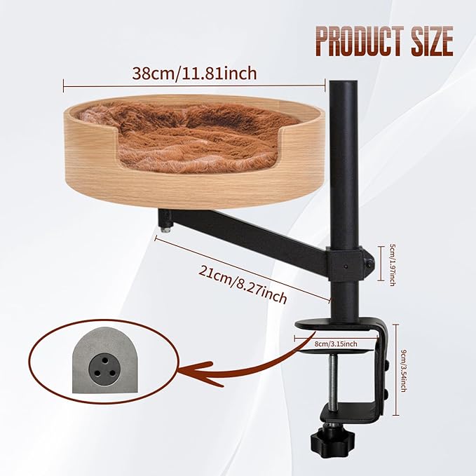 Cat Bed Desk with Pet Mat, Cat Hammock for Desk, Cat Bed Desk with Wooden Bowl, 360° Rotation and Adjustable Height, Brown