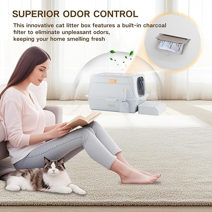 XX-Large Stainless Steel Cat Litter Box with Lid – Fully Enclosed Large Litter Box for Big Cats, Odor Control with Magnetic Door, Easy Clean, Multi-Cat Durable Metal Pan.(White-Gray)