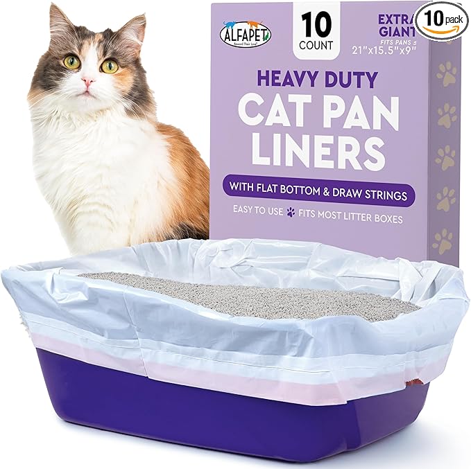 Alfapet Heavy Duty Flat Bottom Cat Litter Box Liners - Extra Giant10 Count - Tear-Resistant Cat Litter Bags - Kitty Litter Liners for Rectangular Litterbox Pans, 36” x 18” x 2MIL Thick 30 lb Capacity