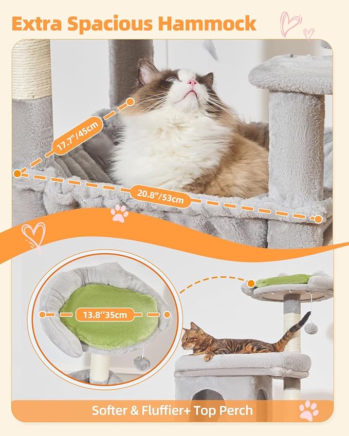 Taoqimiao MS032W 83In Cat Tree for Indoor Cats Large Adult, XXL-Cat Tower, Suitable 20lb+ Heavy Duty Large Cats, 2 Luxurious Cat Cando with 8 Scratching Posts,Oversized Metal Hammocks,Light Gray