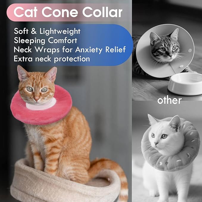 Cat Cones to Stop Licking, Adjustable Neck Soft Elizabethan Collar After Surgery, Comfortable & Lightweight Cute Kitten Donut Collar for Head/Foot Wounds Recovery, Pink Small