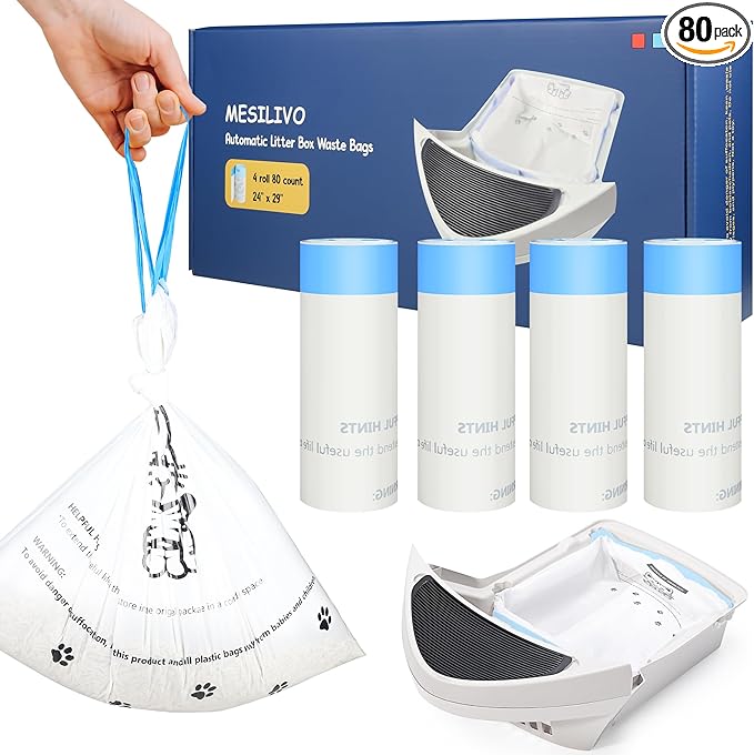 80 Count Ultra-Strong 2mil Thick Cat Litter Bags Liners, Compatible with Litter-Robot 3 and 4 Automatic Cat Litter Box Bags, Tear-free Leak-proof 24" x 29"