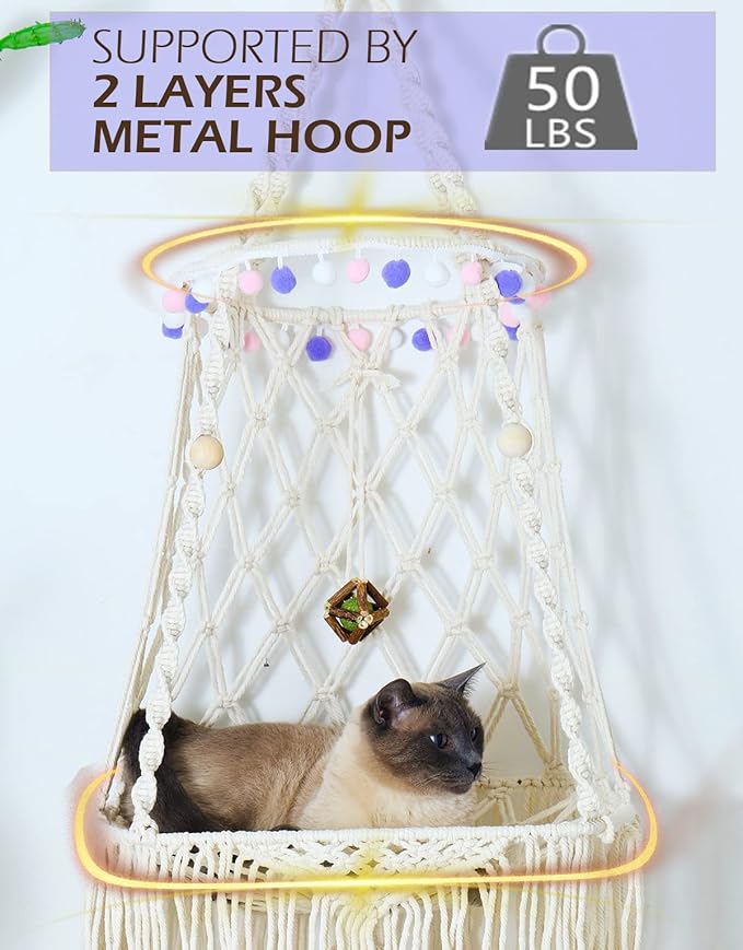 KARCEEY Hanging Cat Bed Macrame Cat Hammock Window Perch with Catnip Mat for Wall Window Indoor/Outdoor