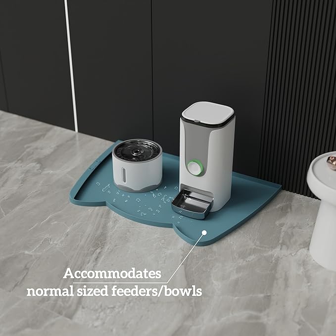 OHMO Dog Food Mat(Light Blue, 24 * 15'') w/Residue Collection Pocket Silicone Pet Feeding Mat for Floor High Edges Anti Spills Waterproof Cat Water Bowl Tray, Easy Clean Placemat