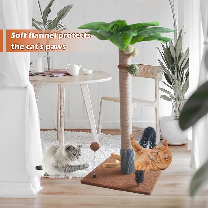 Cat Scratching Posts with Self Groomer,29.5 Inch Tall Cat Scratcher Post Sisal Heavy Duty Kitty Scratch Tree and Hanging Balls Cute Kitten Palm Tree with Arch Grooming Brush for Kitties